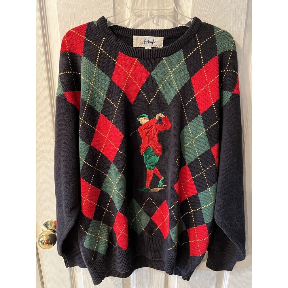 Pringle of Scotland Sweater Mens Sz L Golf Argyle Embroidered Golfer Vintage - Picture 8 of 9
